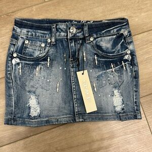 Grace in LA Skirts | Denim Distressed Jeweled Skirt